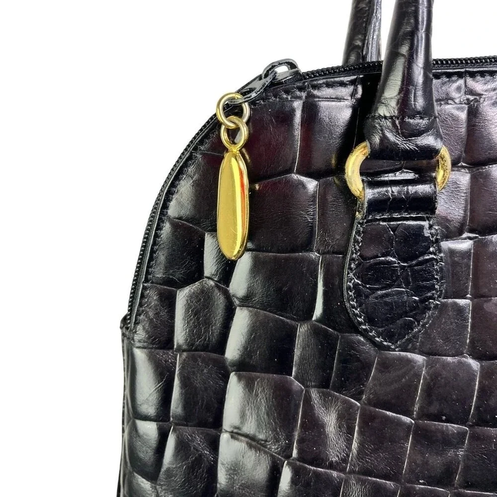 Talbots Handbag Womens Black Faux Croc Gold Trim‎ Old Money Classic Structured
